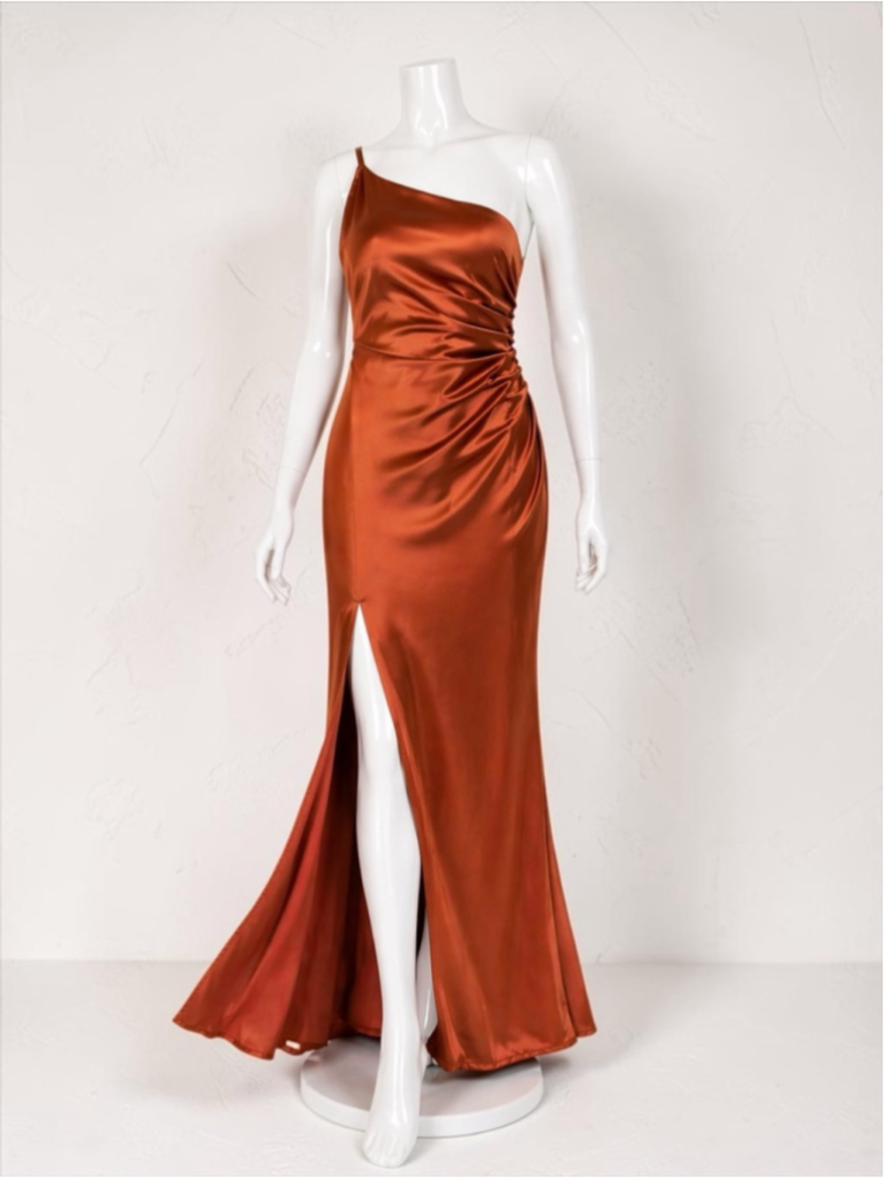 Revelry Jade Satin Ruched One-Shoulder Gown